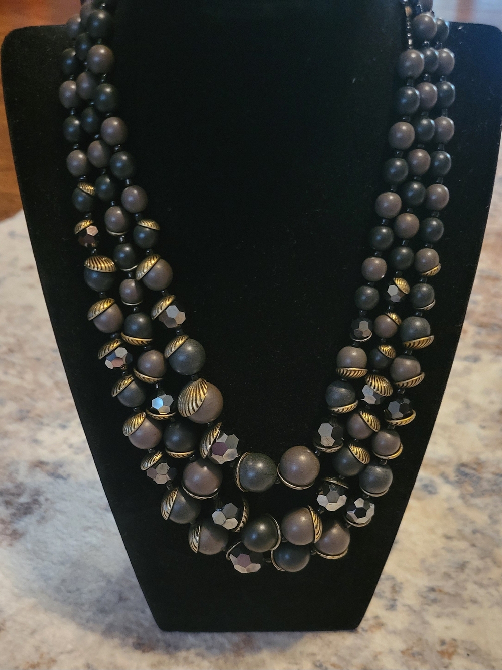 Premier Designs Matte Black Beaded Multi-Strand Necklace with Gold Accents